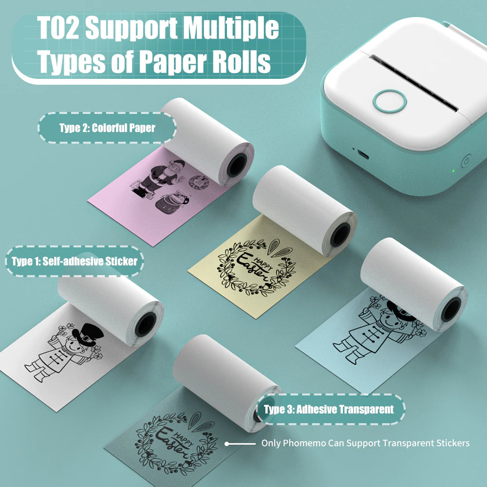 T02 Mini Portable Wireless Thermal Pocket Printer Self-Adhesive Stickers Use for Dry