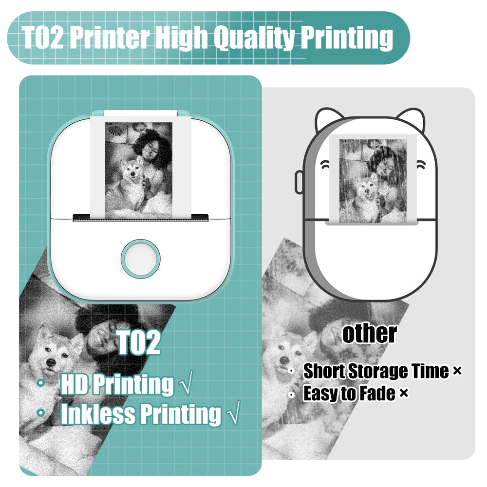 T02 Mini Portable Wireless Thermal Pocket Printer Self-Adhesive Stickers Use for Dry